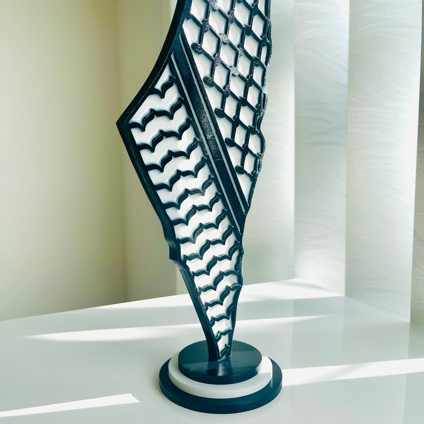 Palestine Map with Black Keffiyeh Pattern, Glossy Resin Finish