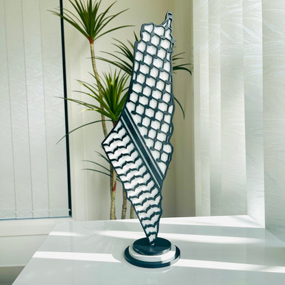 Palestine Map with Black Keffiyeh Pattern, Glossy Resin Finish