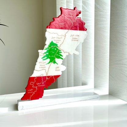 Lebanon Map, Flag Colours, Engraved Governorates - Resin Finish | Perfect Gift