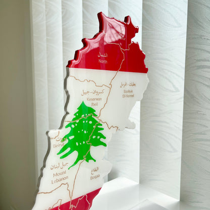 Lebanon Map, Flag Colours, Engraved Governorates - Resin Finish | Perfect Gift