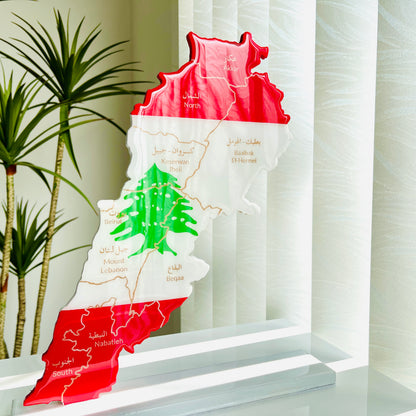 Lebanon Map, Flag Colours, Engraved Governorates - Resin Finish | Perfect Gift