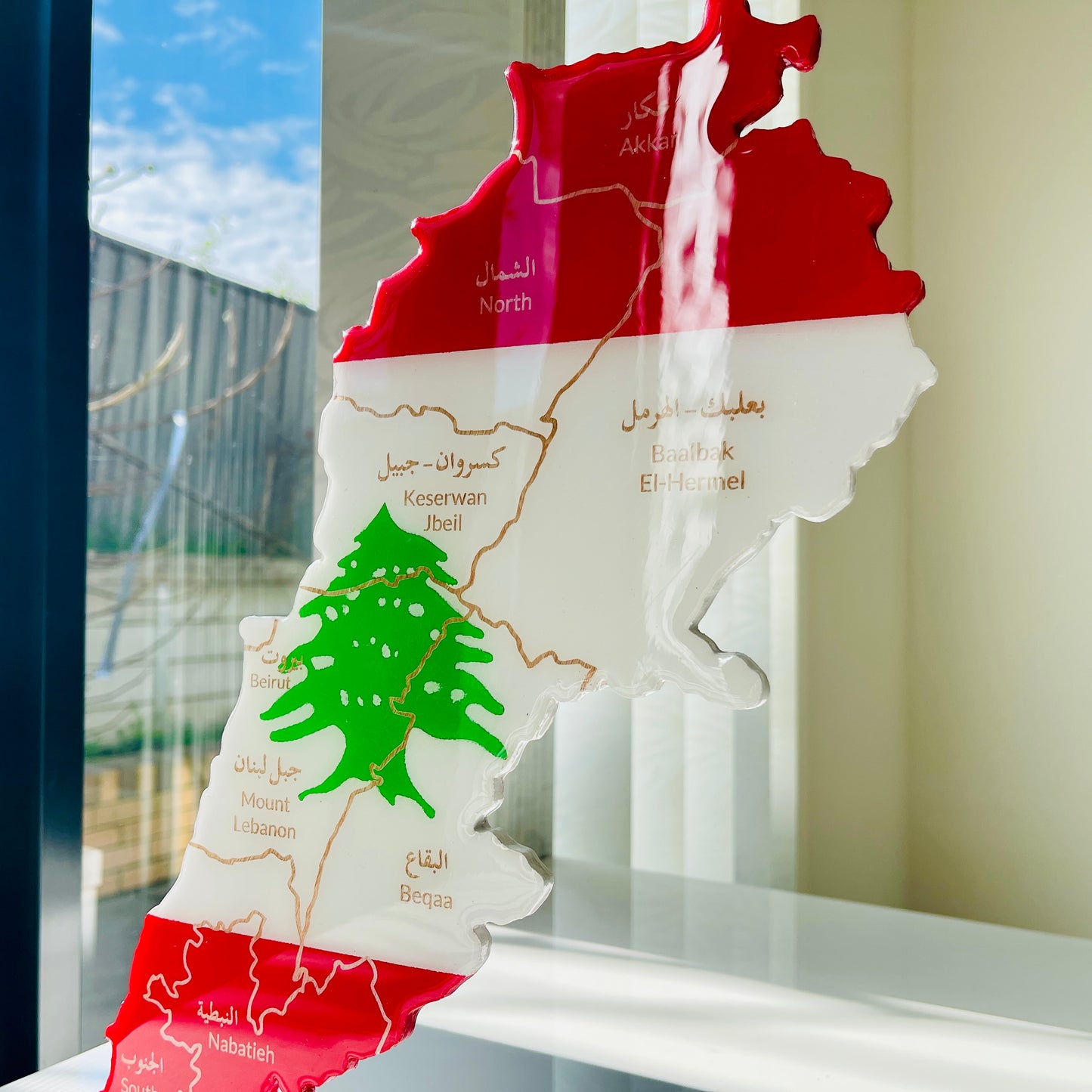 Lebanon Map, Flag Colours, Engraved Governorates - Resin Finish | Perfect Gift