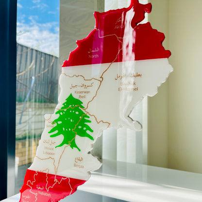 Lebanon Map, Flag Colours, Engraved Governorates - Resin Finish | Perfect Gift