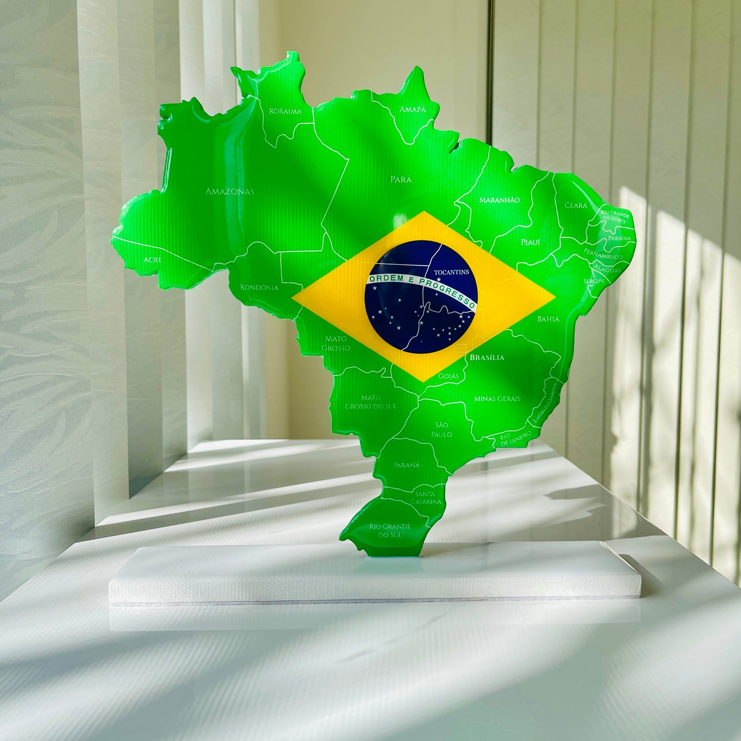 Brazil Map with Flag Colors and Engraved States, Glossy Finish