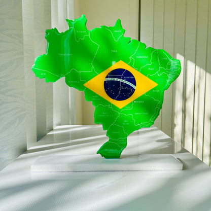 Brazil Map with Flag Colors and Engraved States, Glossy Finish