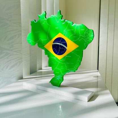 Brazil Map with Flag Colors and Engraved States, Glossy Finish
