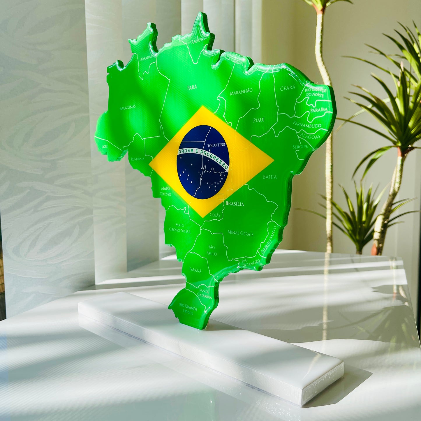 Brazil Map with Flag Colors and Engraved States, Glossy Finish