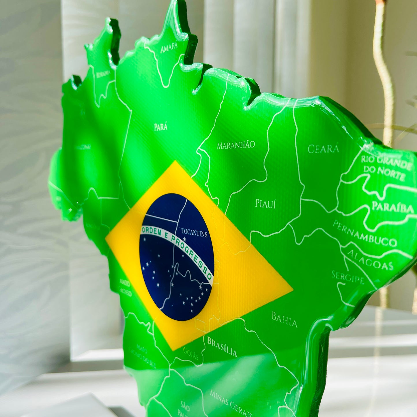 Brazil Map with Flag Colors and Engraved States, Glossy Finish