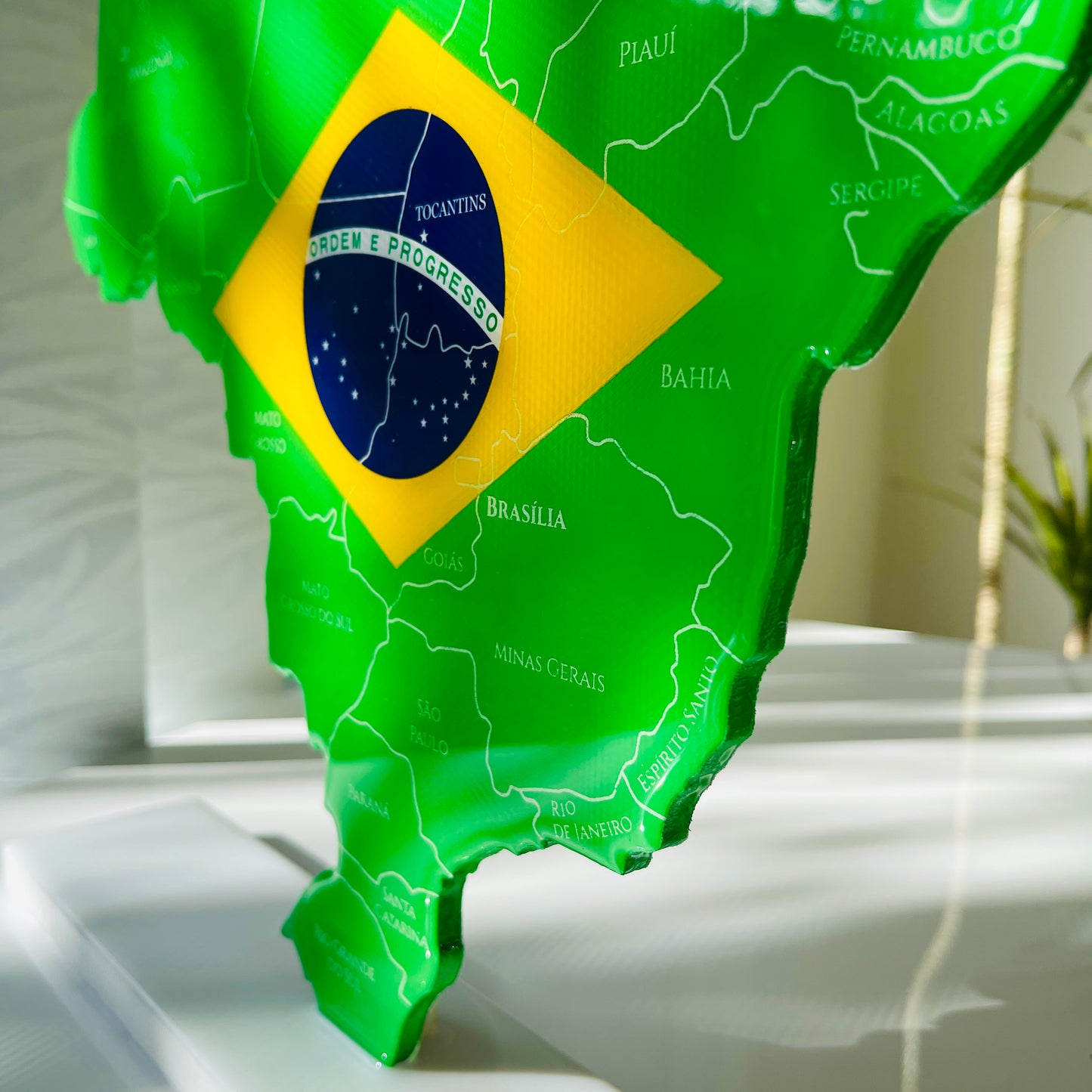 Brazil Map with Flag Colors and Engraved States, Glossy Finish