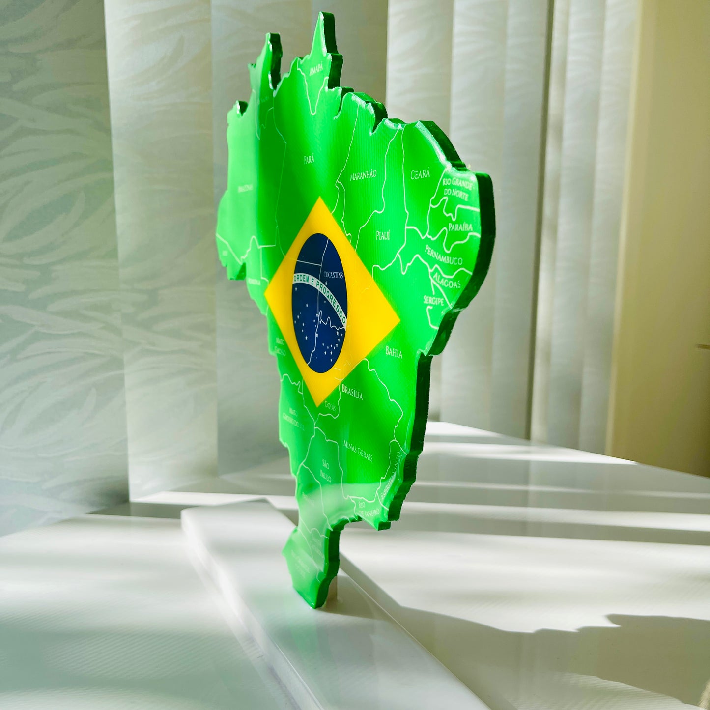 Brazil Map with Flag Colors and Engraved States, Glossy Finish