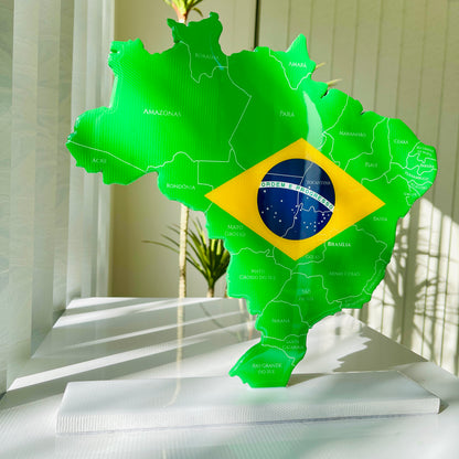 Brazil Map with Flag Colors and Engraved States, Glossy Finish