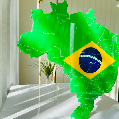 Brazil Map with Flag Colors and Engraved States, Glossy Finish