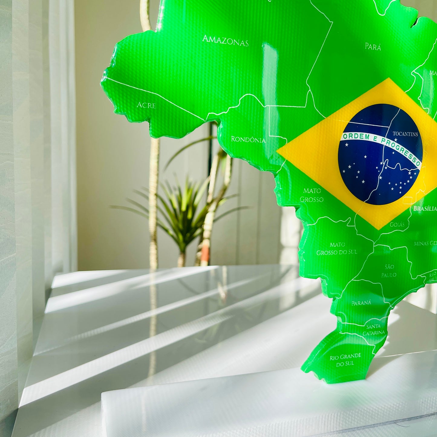 Brazil Map with Flag Colors and Engraved States, Glossy Finish