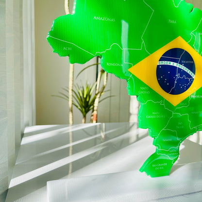 Brazil Map with Flag Colors and Engraved States, Glossy Finish