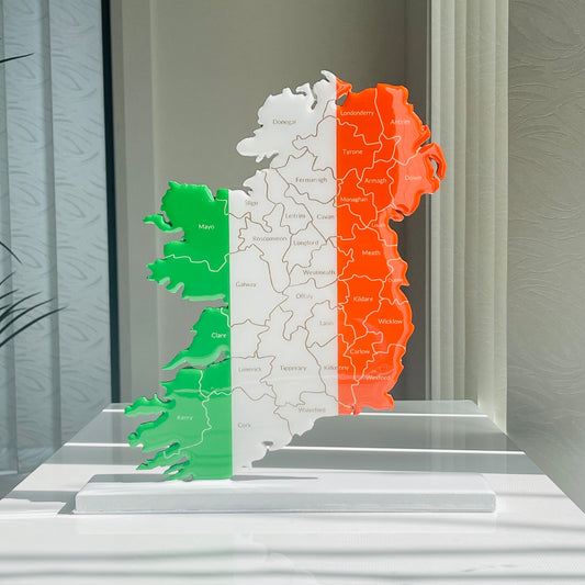Ireland Map with Flag Colors and Engraved Counties, Glossy Finish