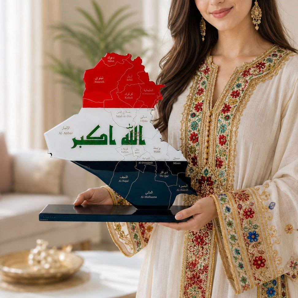 Iraq Map with Flag Colors and Engraved Provinces, Glossy Finish