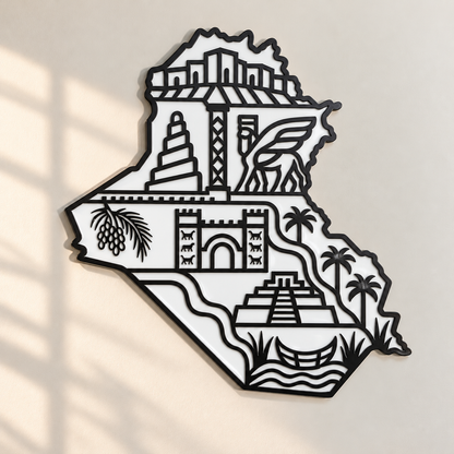 Iraq Map Wall Art with Iraqi Heritage Symbols, Glossy Finish