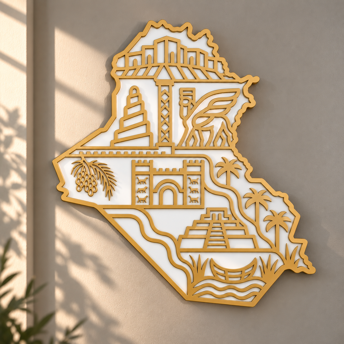 Iraq Map Wall Art with Iraqi Heritage Symbols, Glossy Finish