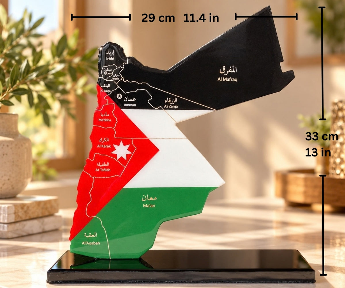 Jordan Map with Flag Colors and Engraved Governorates, Glossy Finish