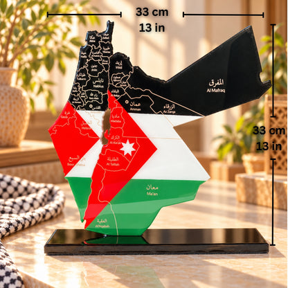 Palestine and Jordan Map with Flag Colors and Engraved Provinces, Glossy Finish