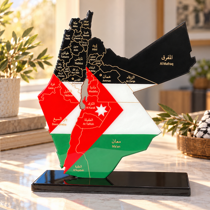 Palestine and Jordan Map with Flag Colors and Engraved Provinces, Glossy Finish