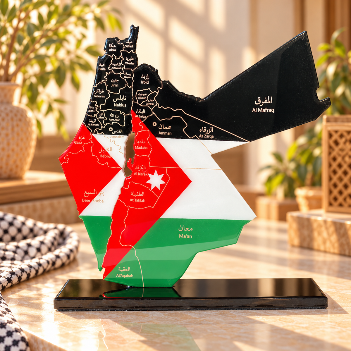 Palestine and Jordan Map with Flag Colors and Engraved Provinces, Glossy Finish