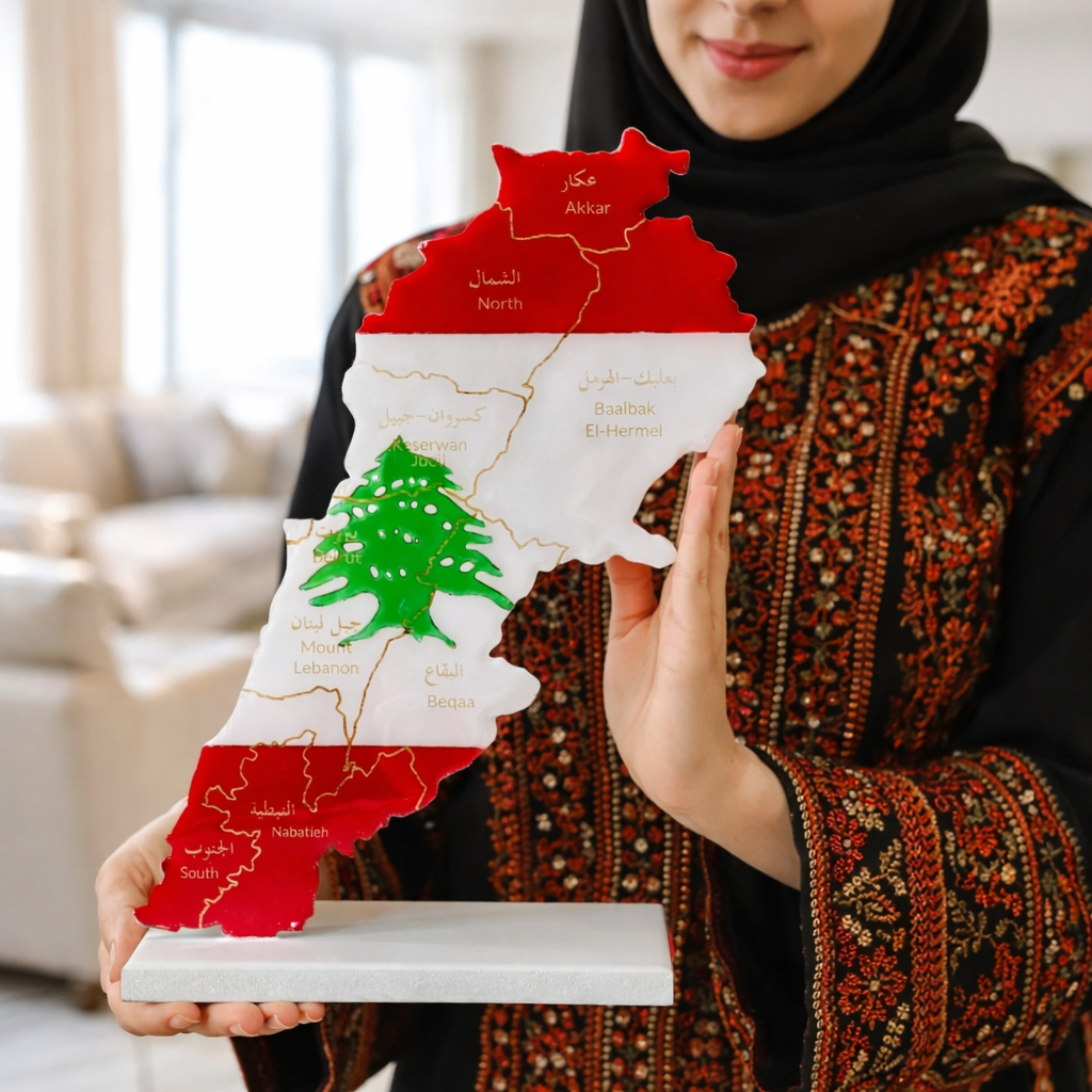 Lebanon Map, Flag Colours, Engraved Governorates - Resin Finish | Perfect Gift