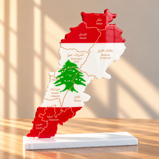 Lebanon Map, Flag Colours, Engraved Governorates - Resin Finish | Perfect Gift
