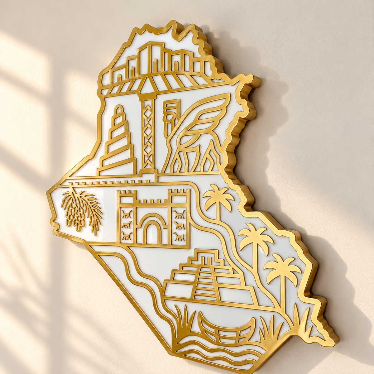 Iraq Map Wall Art with Iraqi Heritage Symbols, Glossy Finish