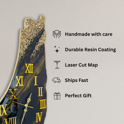 Palestine Map, Palestine Wall Clock - Black & Gold, Resin Coating | Perfect Gift