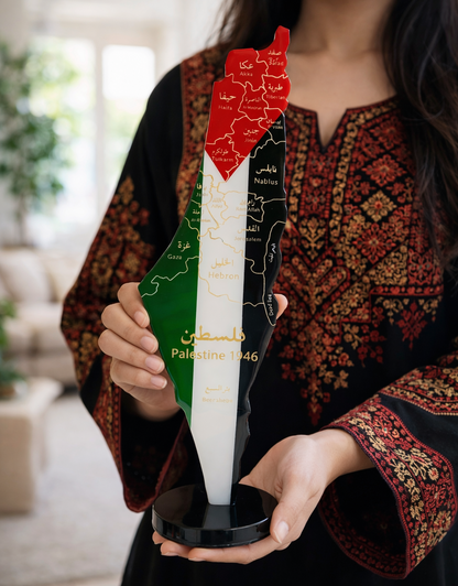 Palestine Map with Flag Colors and Engraved Cities, Glossy Finish