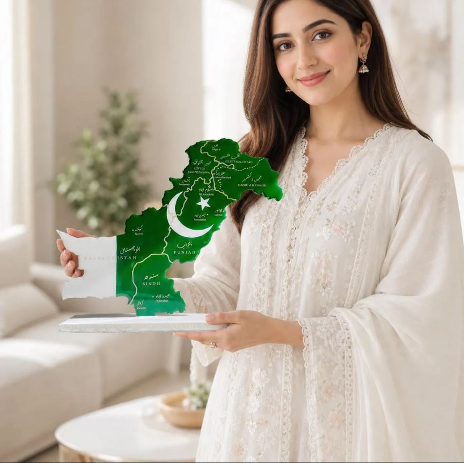 Pakistan Map with Flag Colors and Engraved Cities, Glossy Finish