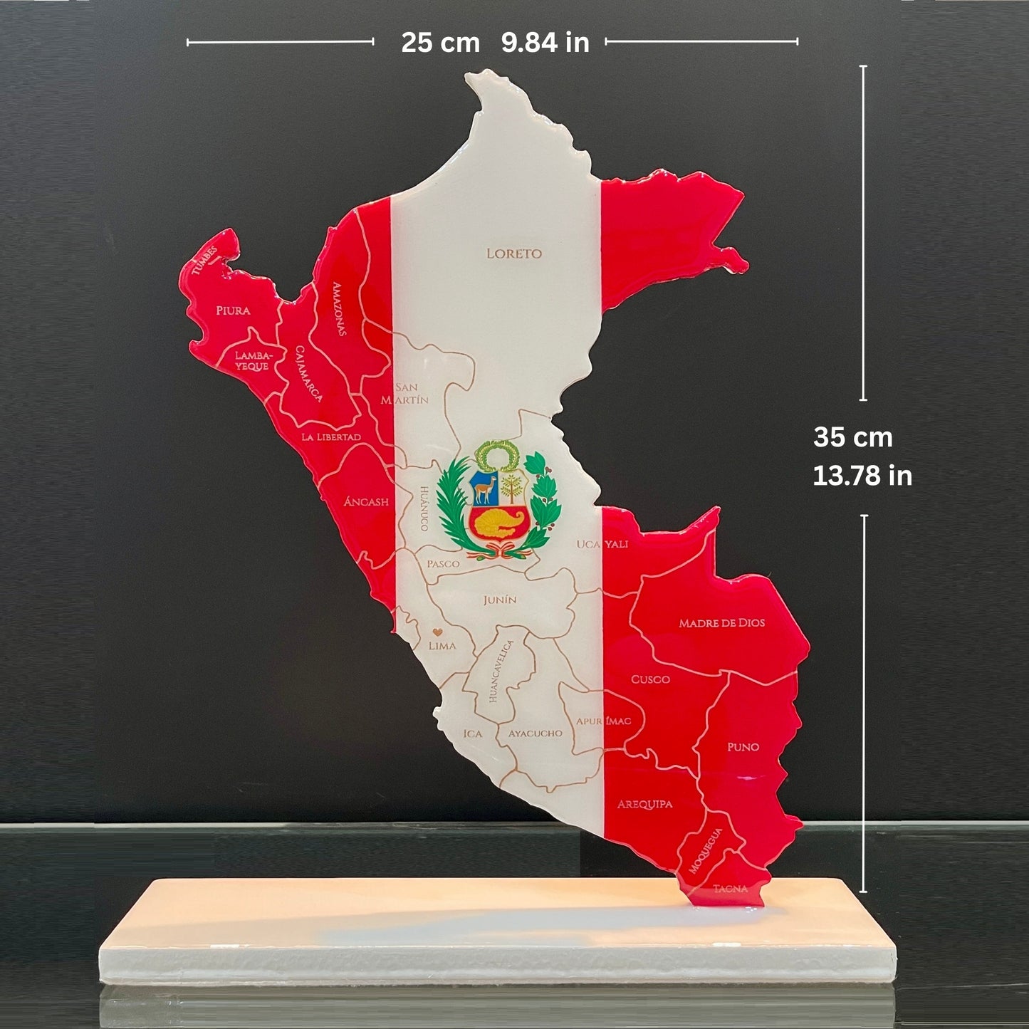 Peru Map with Flag Colors and Engraved Provinces, Glossy Finish