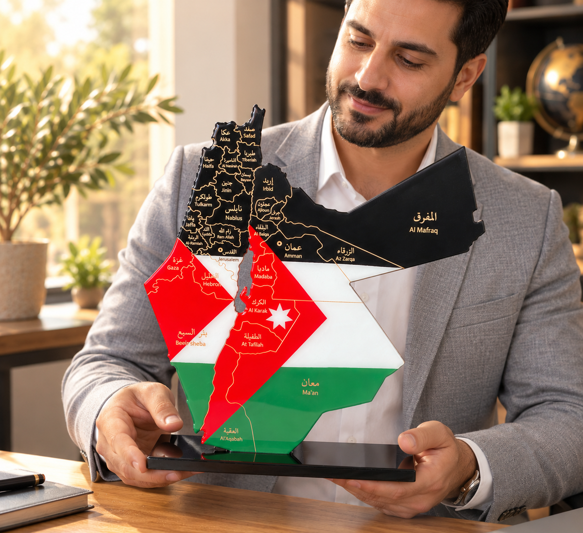 Palestine and Jordan Map with Flag Colors and Engraved Provinces, Glossy Finish