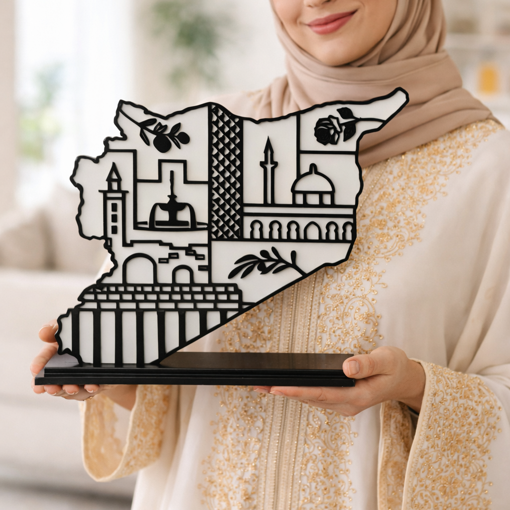 Syria Map Art Gift with Syrian Heritage Symbols, Glossy Finish