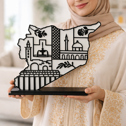 Syria Map Art Gift with Syrian Heritage Symbols, Glossy Finish