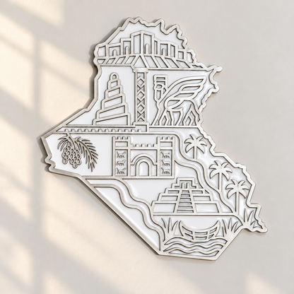 Iraq Map Wall Art with Iraqi Heritage Symbols, Glossy Finish