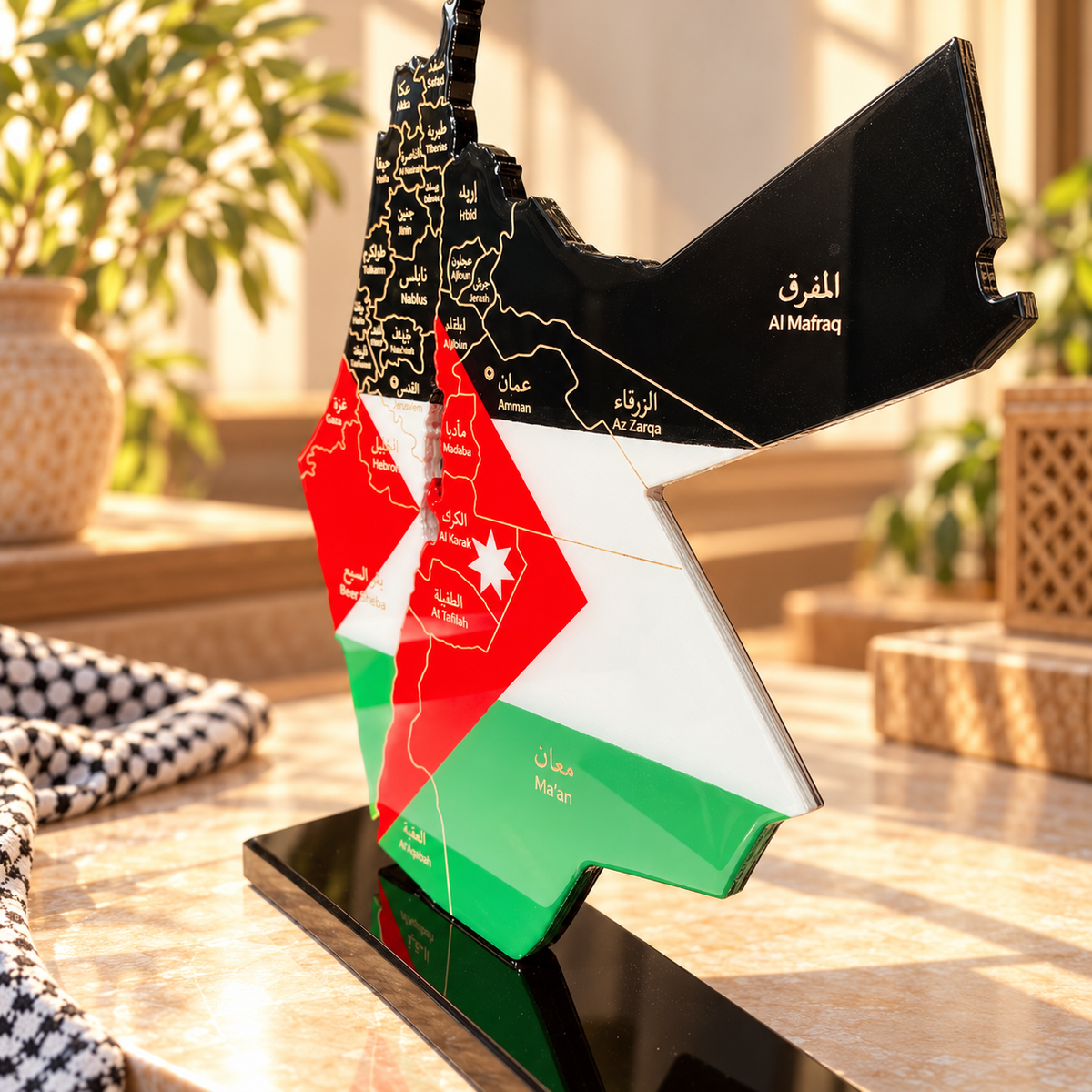 Palestine and Jordan Map with Flag Colors and Engraved Provinces, Glossy Finish