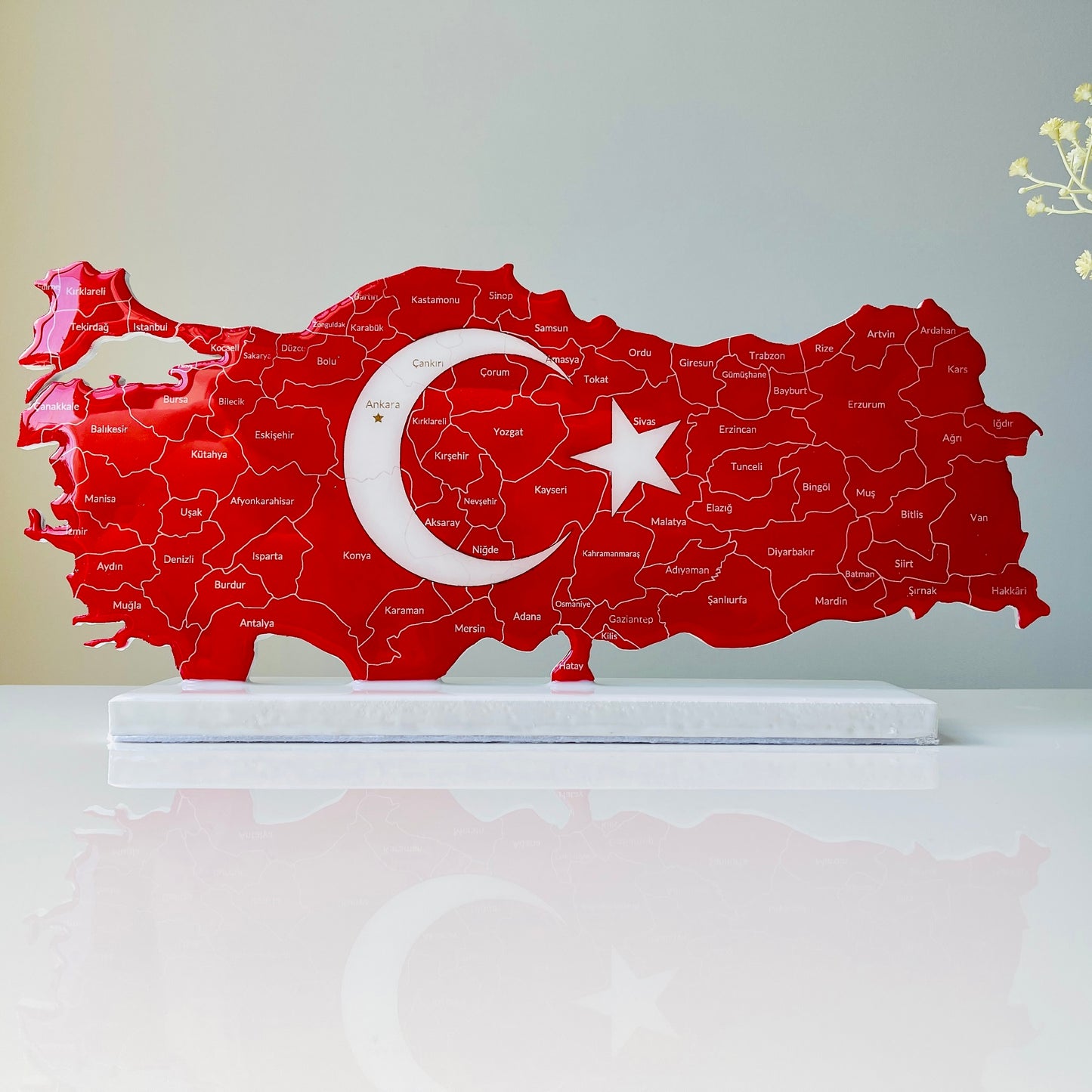 Türkiye Map with Flag Colours and Resin Finish on a Stand