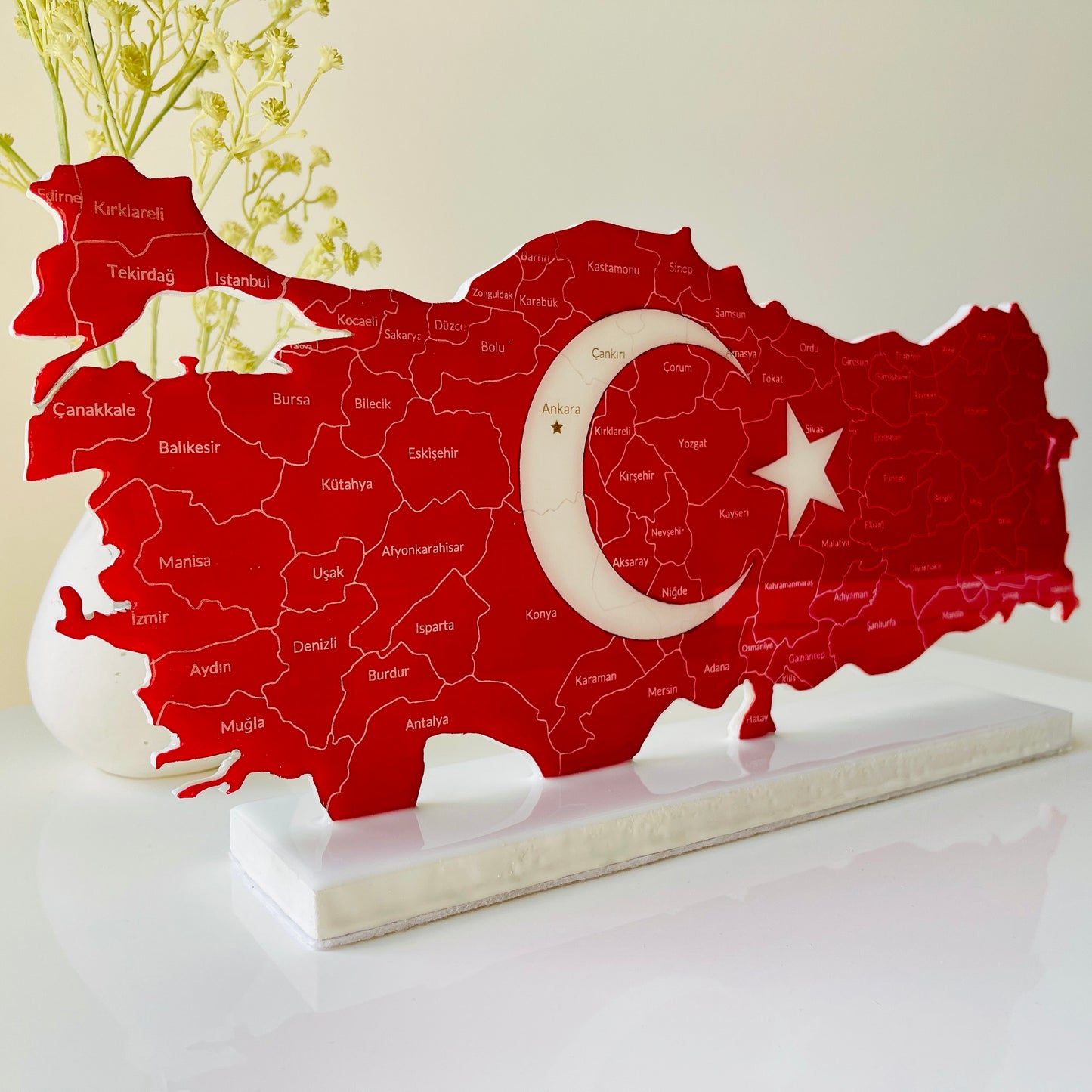 Türkiye Map with Flag Colours and Resin Finish on a Stand