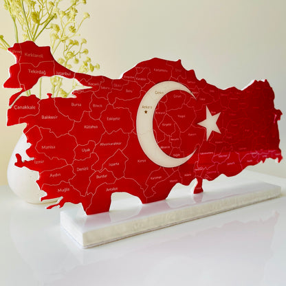 Türkiye Map with Flag Colours and Resin Finish on a Stand