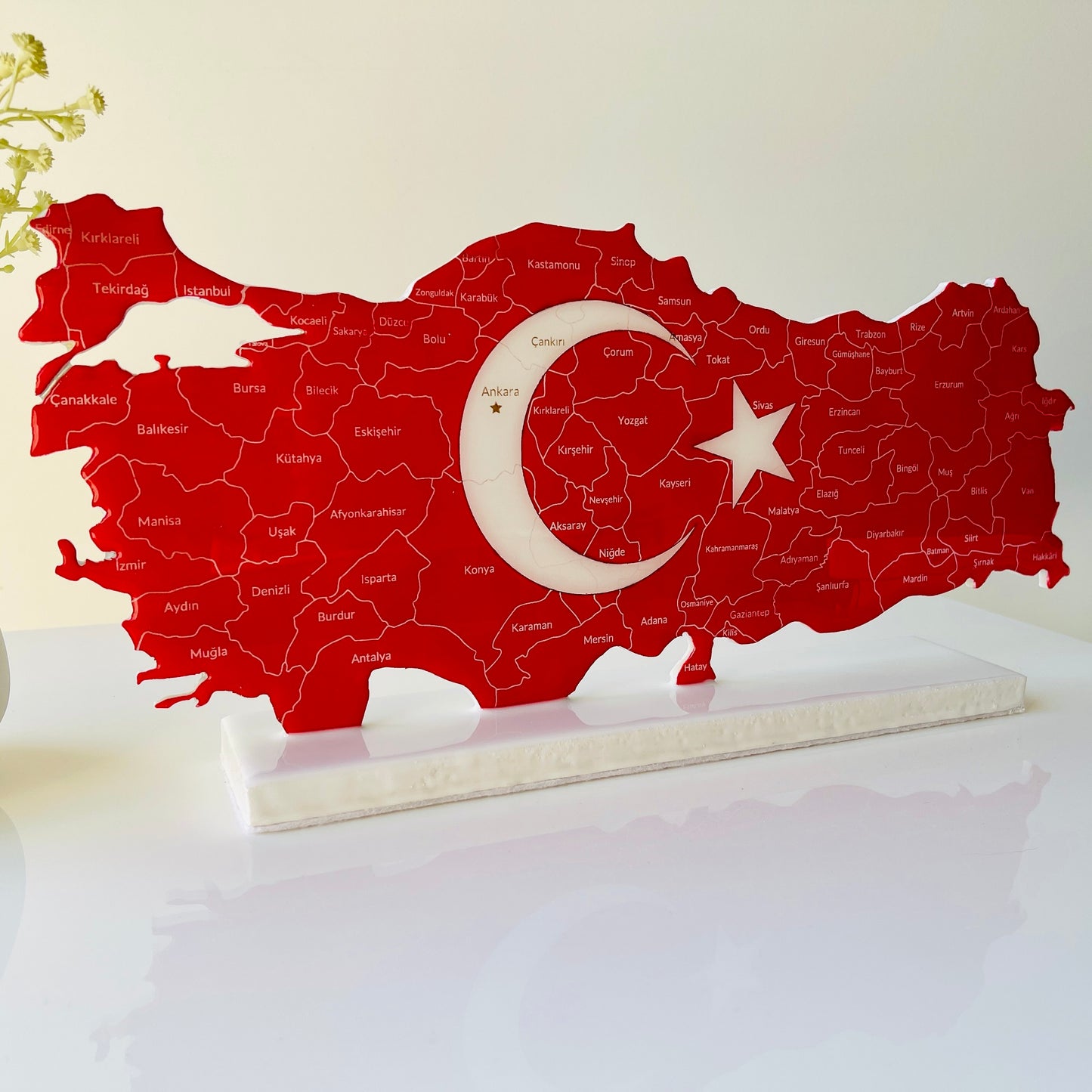 Türkiye Map with Flag Colours and Resin Finish on a Stand