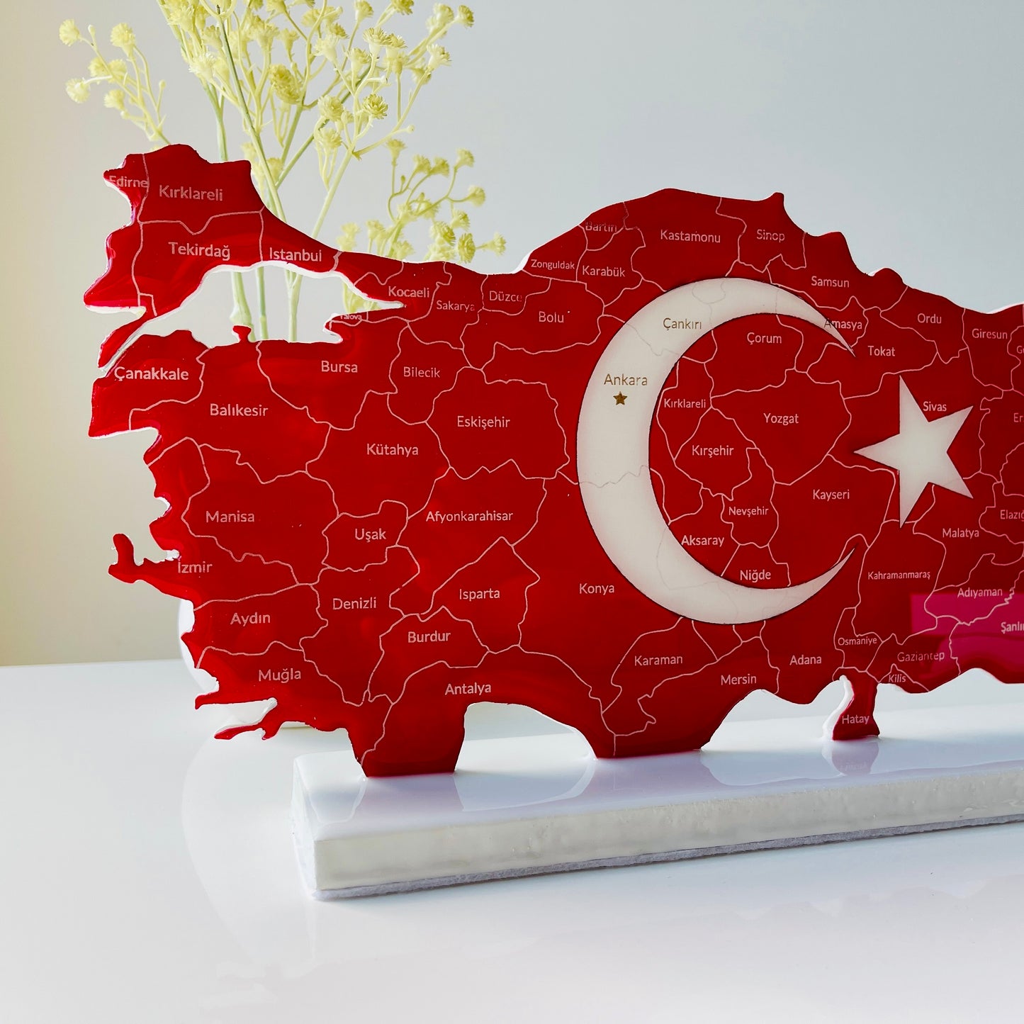Türkiye Map with Flag Colours and Resin Finish on a Stand