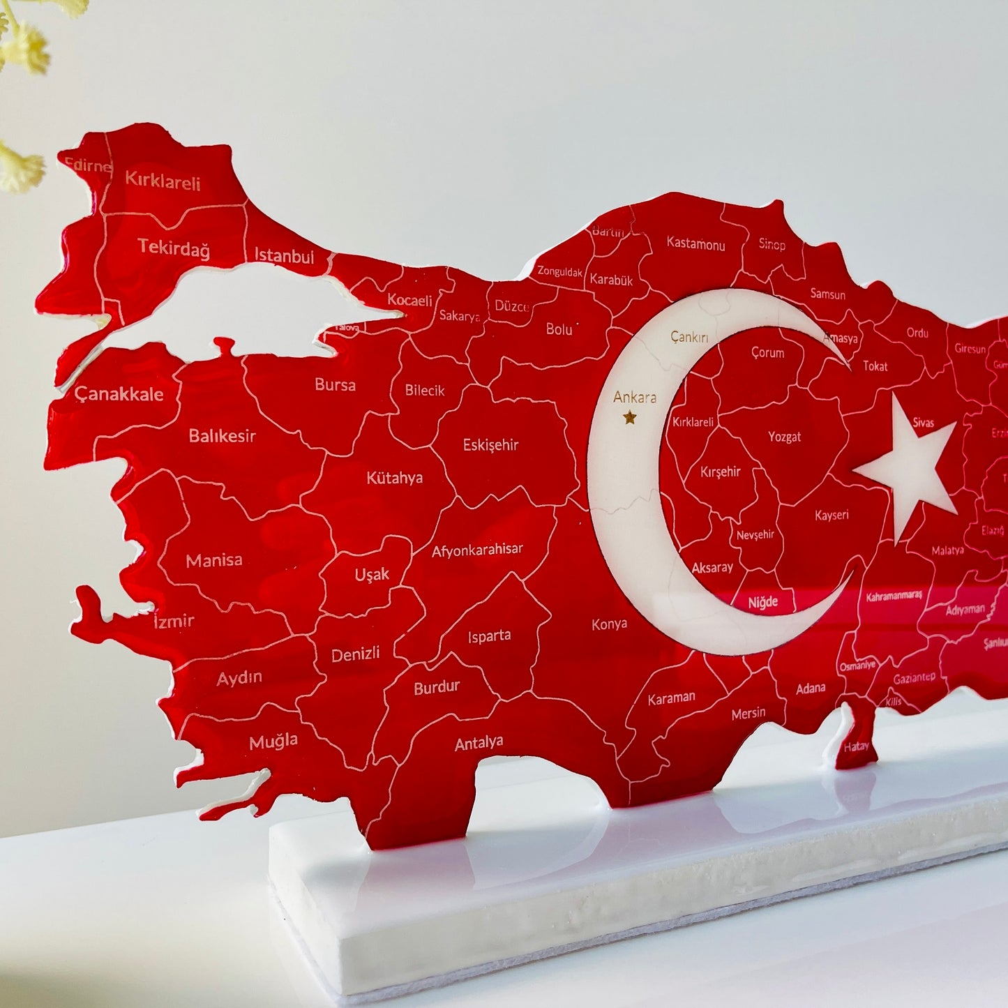 Türkiye Map with Flag Colours and Resin Finish on a Stand