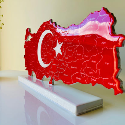 Türkiye Map with Flag Colours and Resin Finish on a Stand