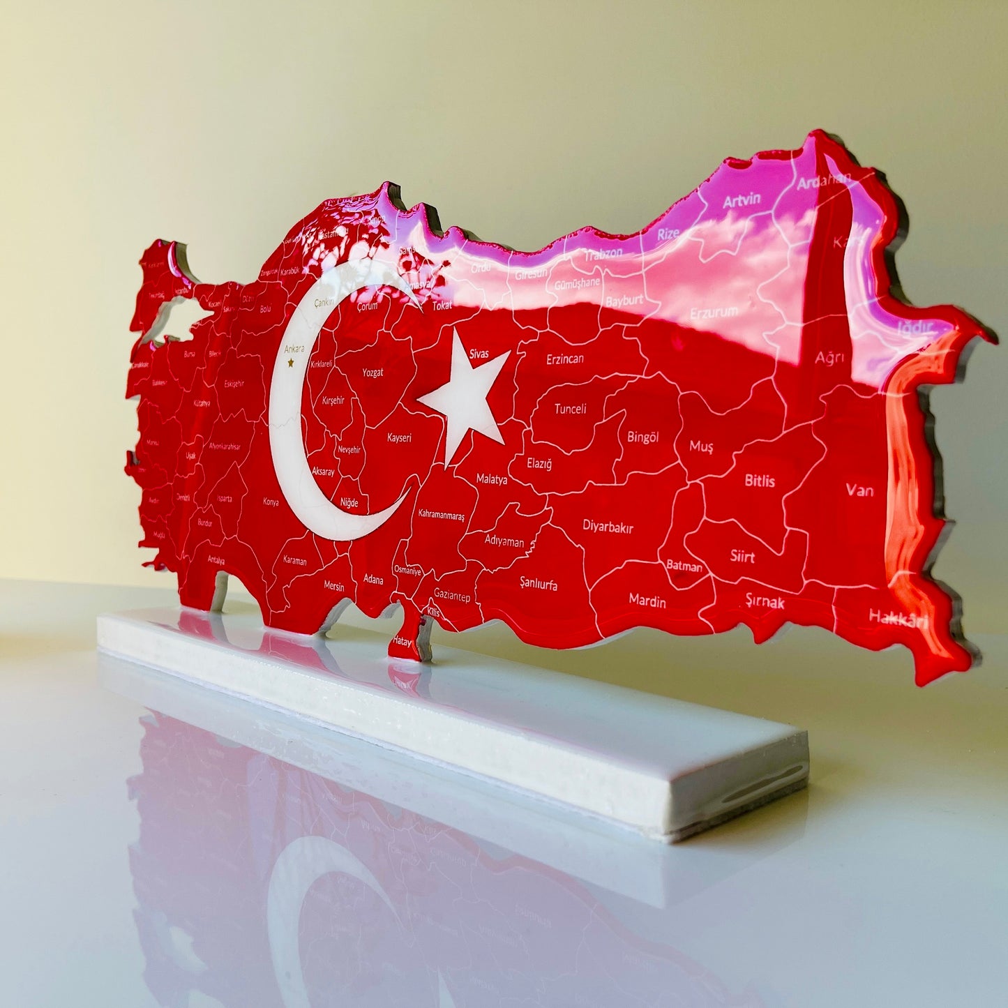 Türkiye Map with Flag Colours and Resin Finish on a Stand