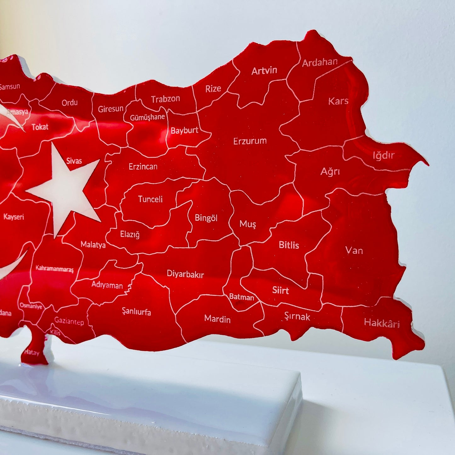 Türkiye Map with Flag Colours and Resin Finish on a Stand