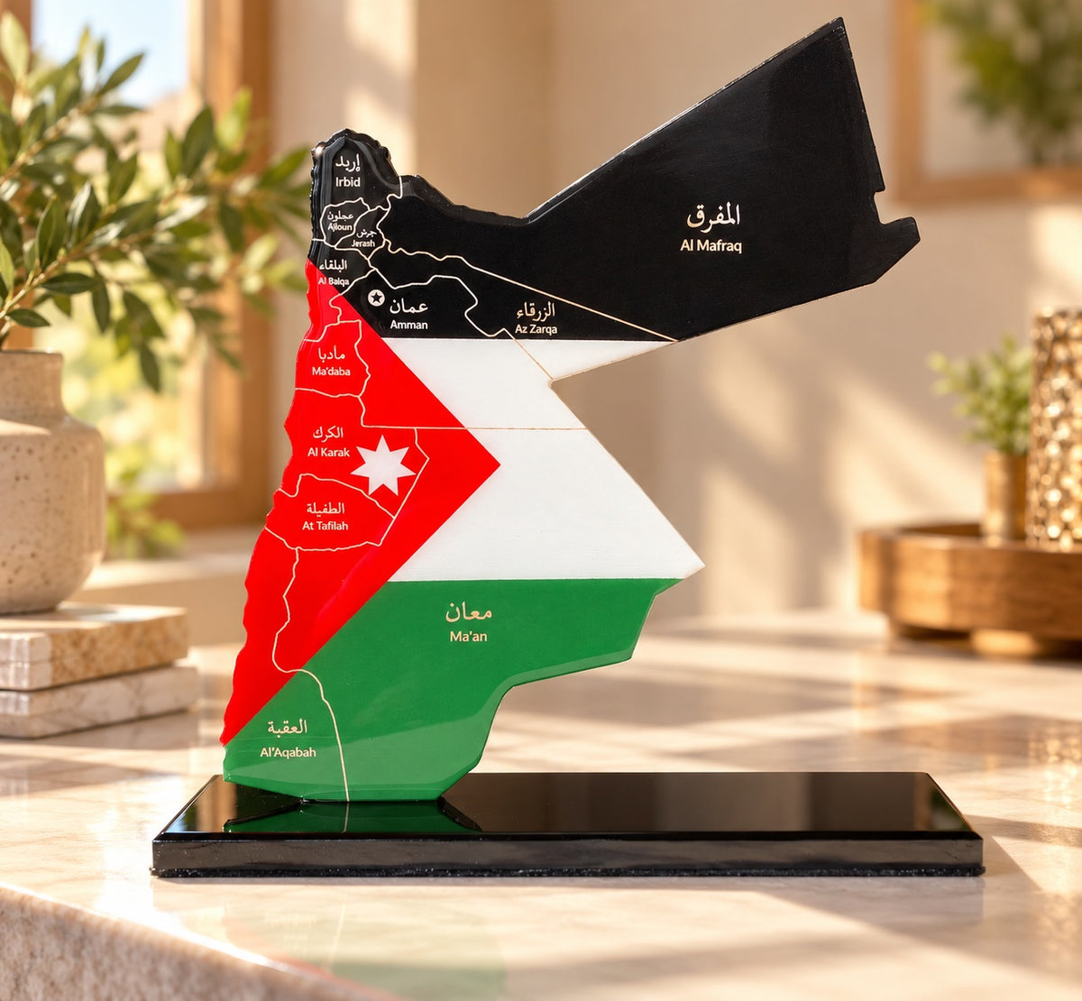 Jordan Map with Flag Colors and Engraved Governorates, Glossy Finish