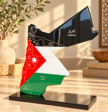 Jordan Map with Flag Colors and Engraved Governorates, Glossy Finish