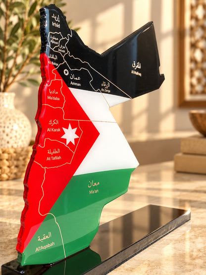 Jordan Map with Flag Colors and Engraved Governorates, Glossy Finish